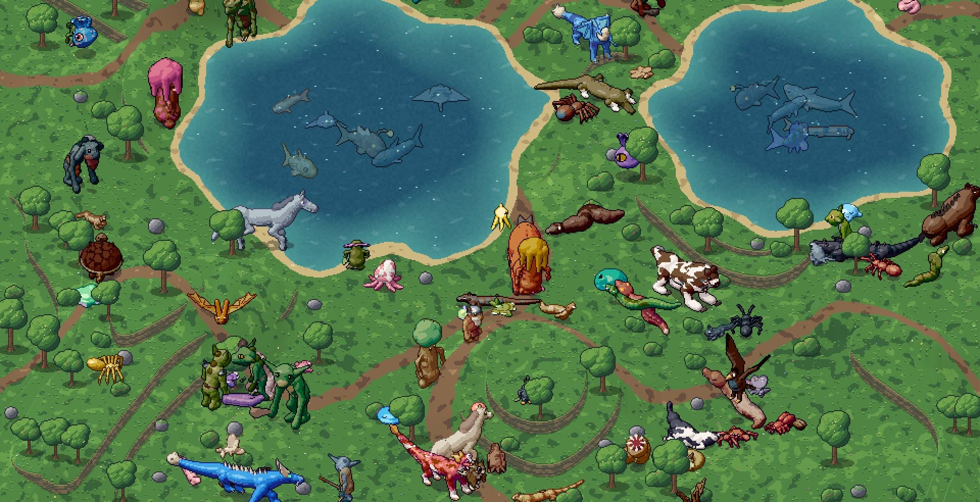 Hundreds of pixel creatures roaming grassy terrain with ponds and paths